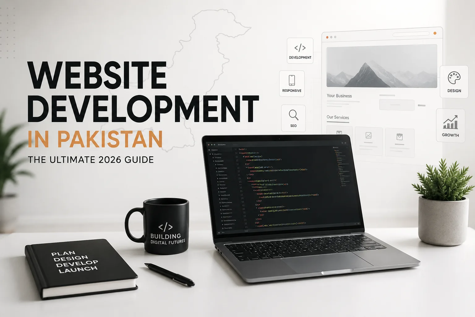 A laptop showing a code editor on a bright desk, beside a notebook lettered "plan, design, develop, launch" and a mug reading "building digital futures", with an outline map of Pakistan and floating development, responsive, SEO, design and growth tiles behind it