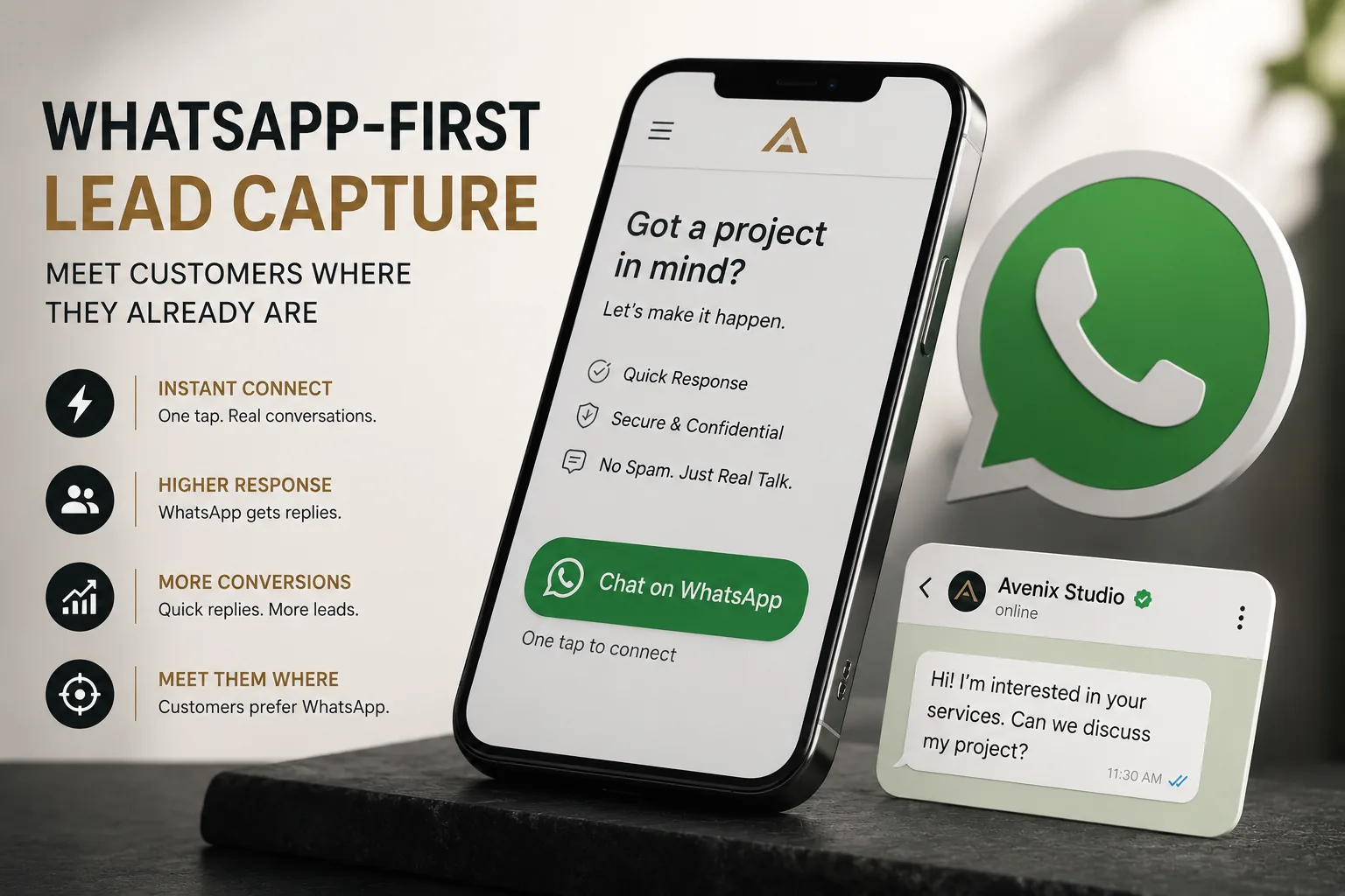 A phone standing on a dark stone ledge showing a contact screen with a green "chat on WhatsApp" button, beside a WhatsApp logo and a chat bubble in which a customer asks to discuss their project